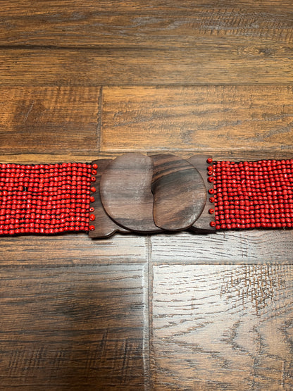 Vintage Style Accessories - Glass Seed Beaded Waist Belt with Wood Buckle - Red - 31.5"