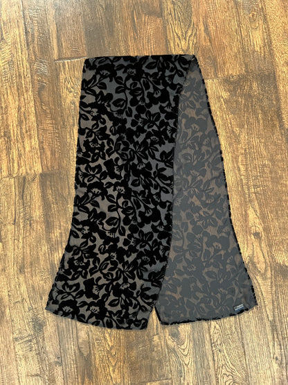Vintage Burnout Velvet Oblong Scarf - Black Semi Sheer Floral Wrap