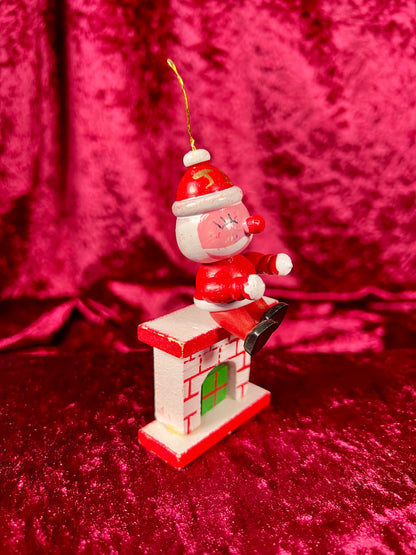 Vintage Christmas - Hand Painted Wood Ornament - Santa Claus Sitting On The Fireplace Mantle