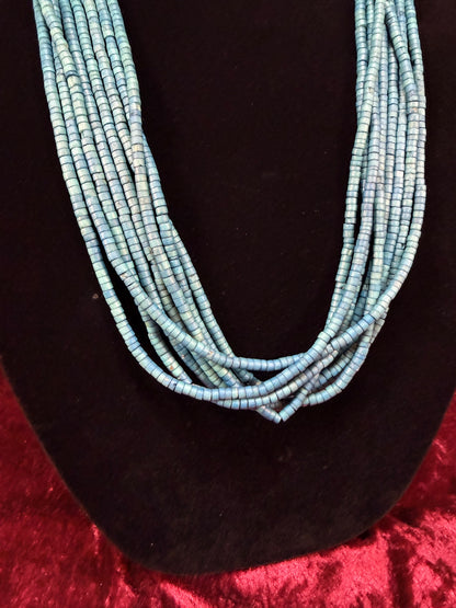 Vintage Puka Shell Necklace – Eight Strand Turquoise Tone Layered Collar
