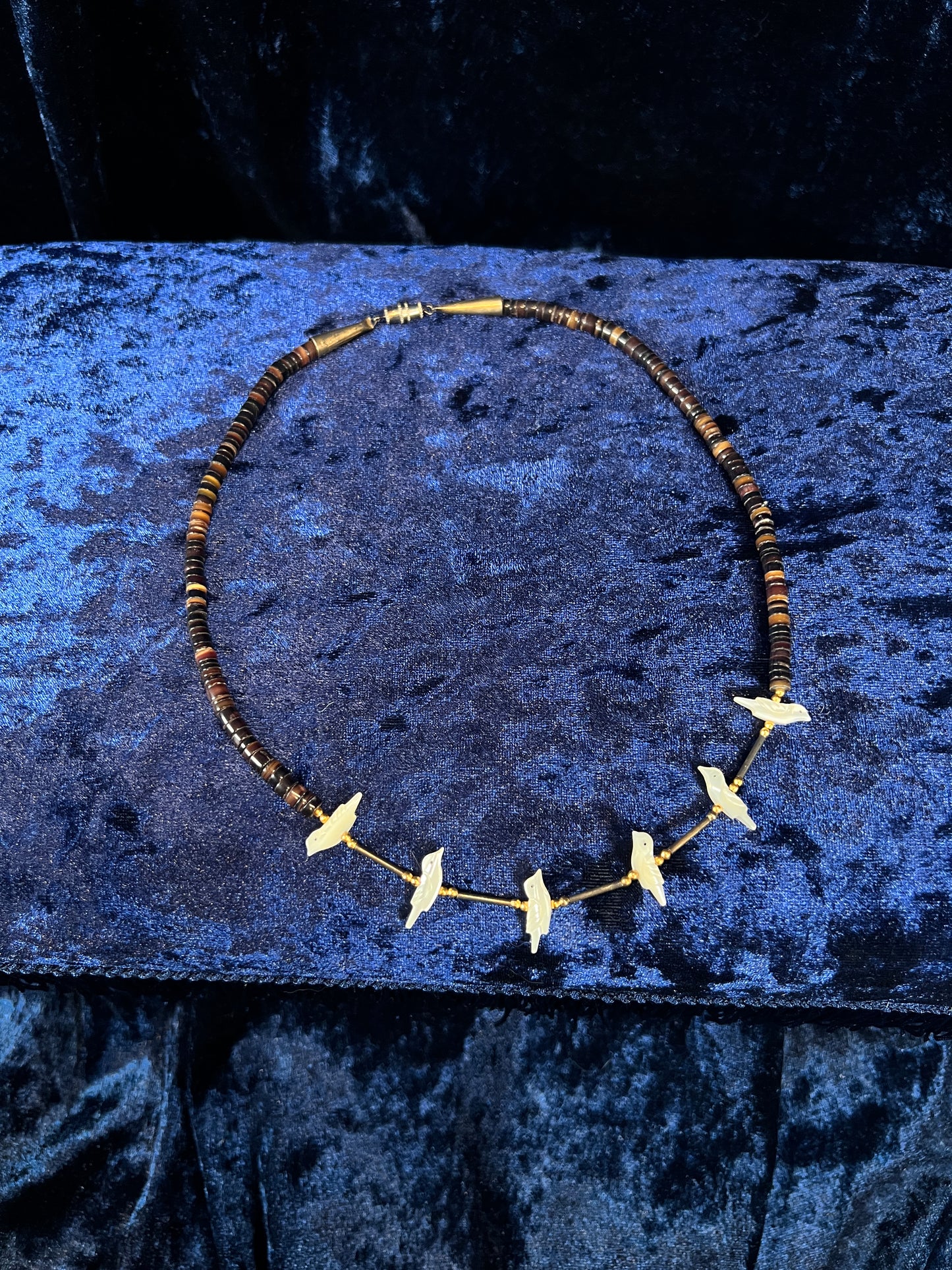 Vintage Zuni Heishi Fetish Necklace - Shell and Mother of Pearl Birds Sterling Silver Clasp