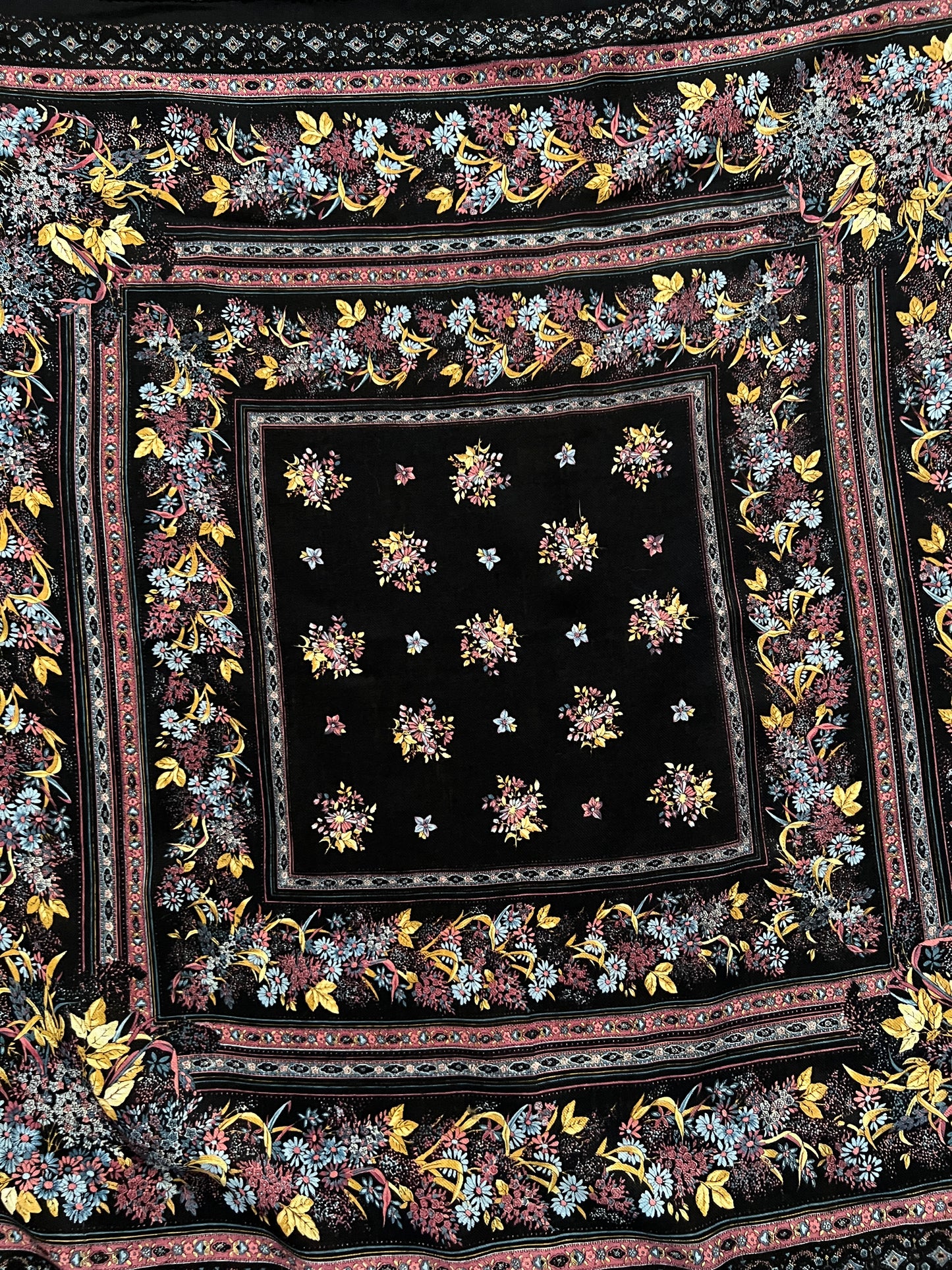 Vintage Kashmir Woole Floral Fringe Scarf - Dark Blue Square Wrap Bohemian Style