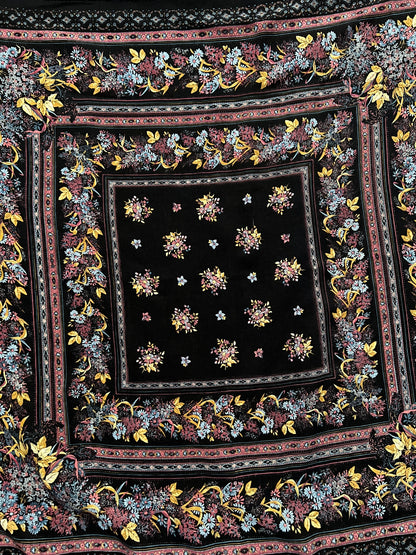 Vintage Kashmir Woole Floral Fringe Scarf - Dark Blue Square Wrap Bohemian Style