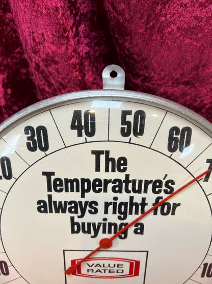Vintage Metal Advertising Thermometer - Value Rated Used Car Novelty Sign