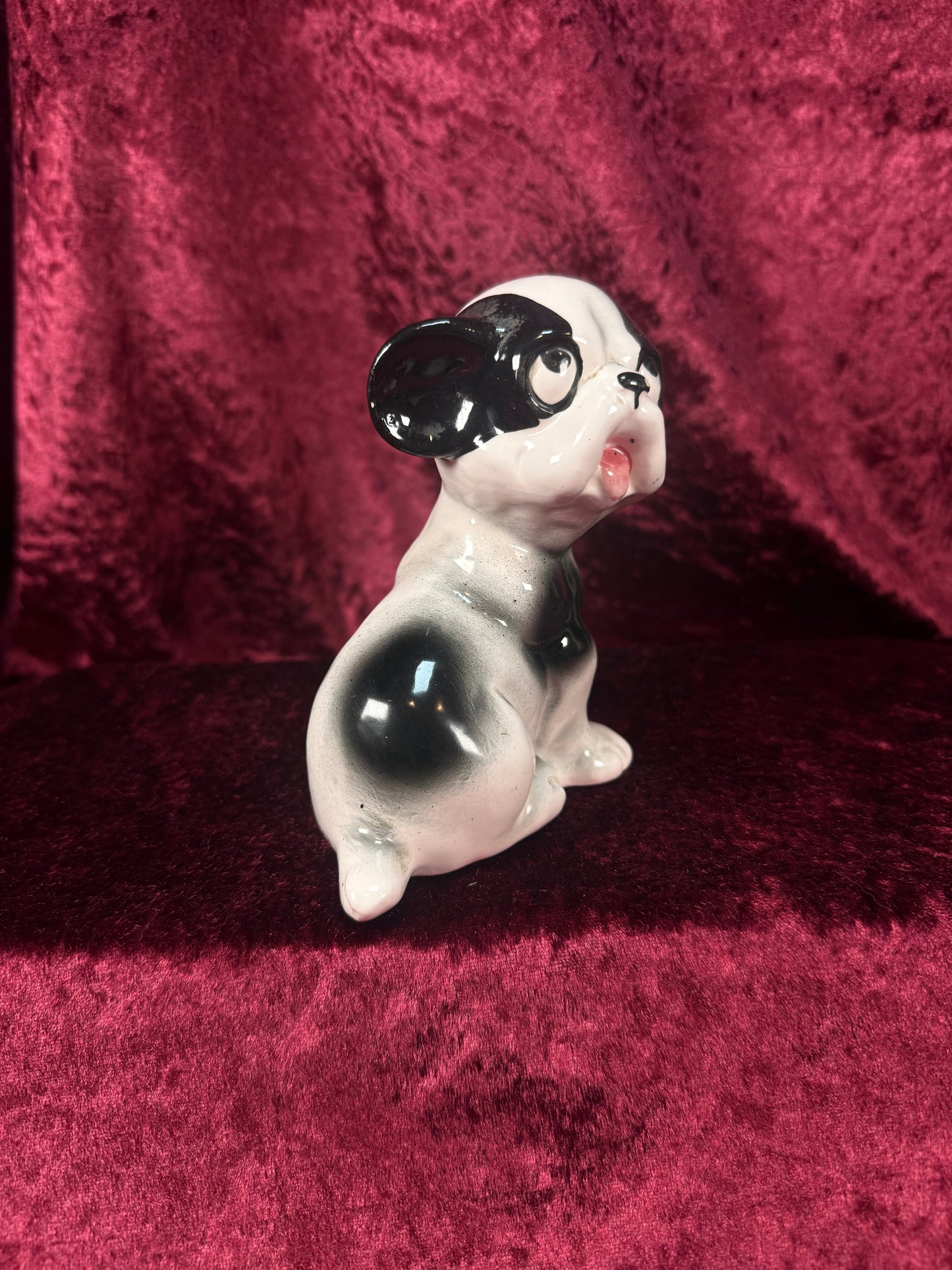 Vintage 1950s Ceramic Dog Figurine – Black & White Puppy with Big Eyes