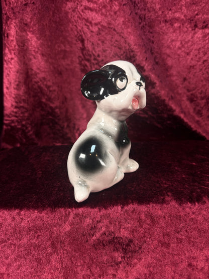 Vintage 1950s Ceramic Dog Figurine – Black & White Puppy with Big Eyes