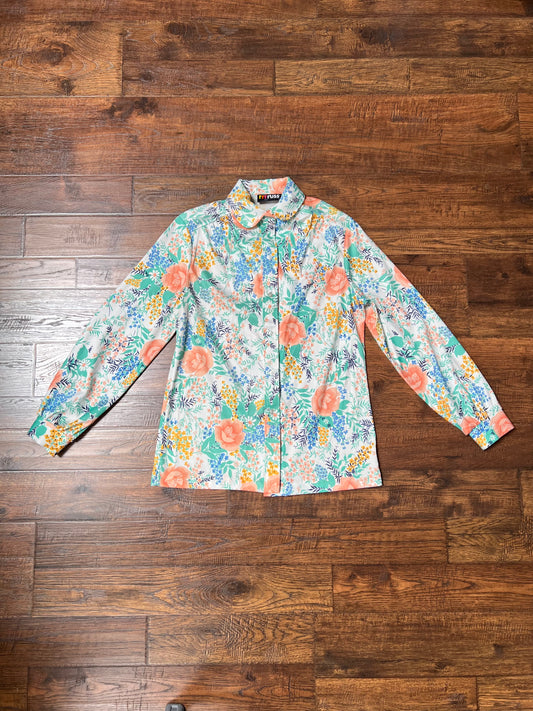 Vintage Clothing - Button Down Blouse - Illustrated Florals - Rrrruss - Medium