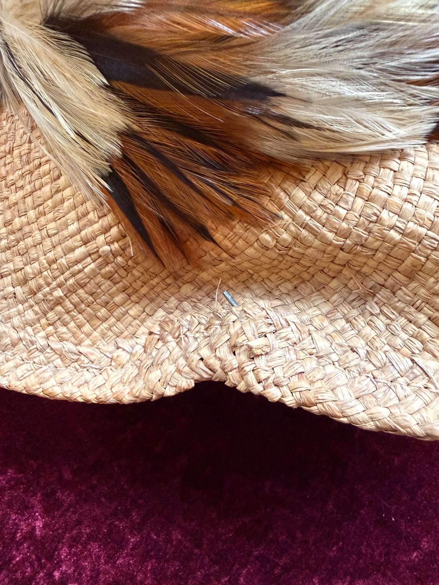 Vintage Accessories - Straw Cowboy Hat with Feathers - Shady Brady Unisex Large