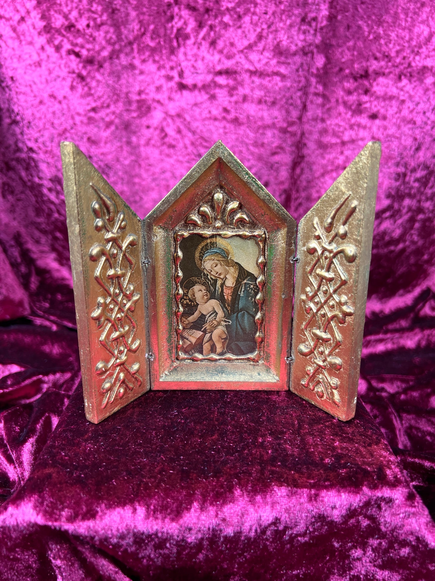 Vintage Religio - Gilt Wood Triptych - Florentine Madonna and Child - Made In Italy