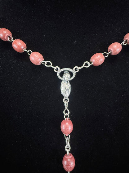 Vintage Wood Bead Catholic Rosary - Red Stained Beads with Ornate Crucifix