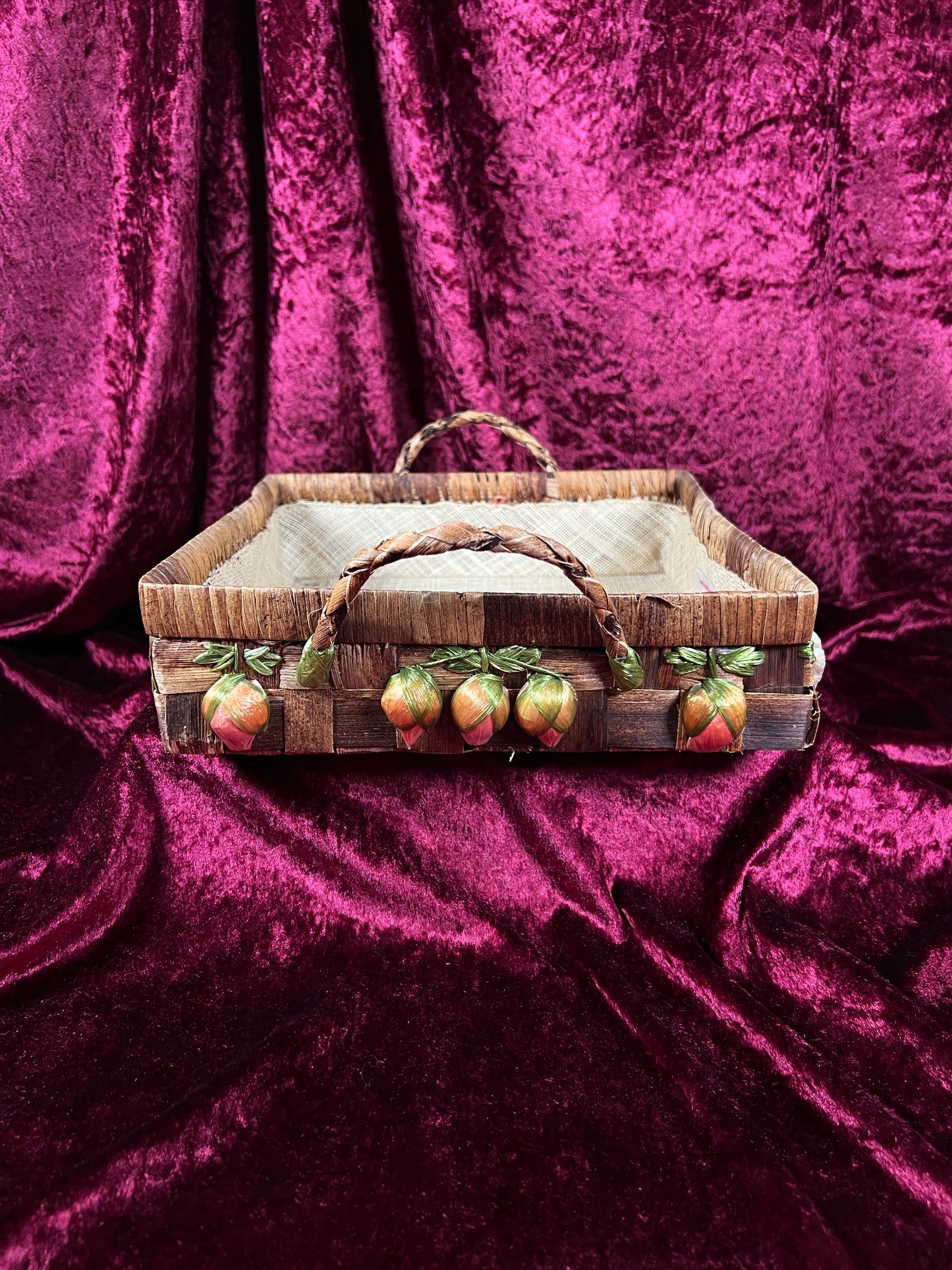 Vintage Raffia Serving Basket - Handwoven Fruit Basket Centerpiece