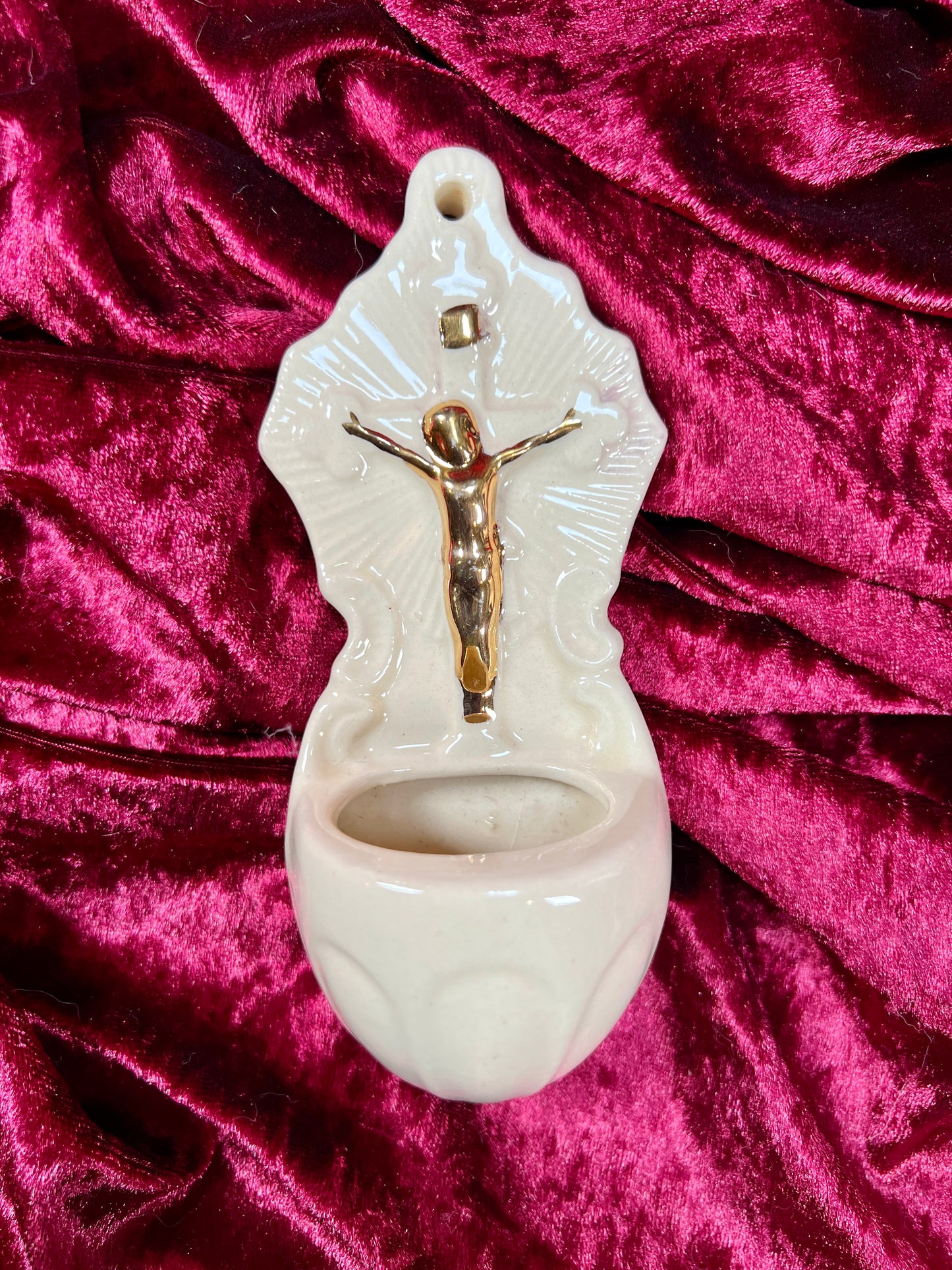 Vintage Religio - Ceramic Holy Water Font - Gold and Cream - USA