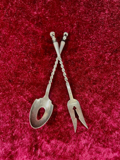 Vintage Silver Plate Cocktail Spoon and Fork Set – Twisted Handles with Tiki Totem Finials