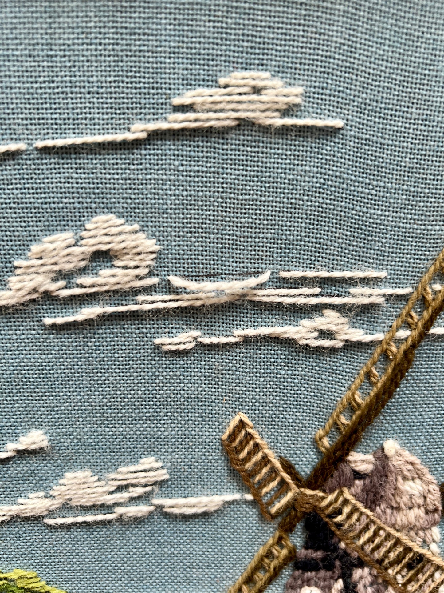 Vintage Framed Embroidery Art – Southampton Petticoat Windmill Crewel