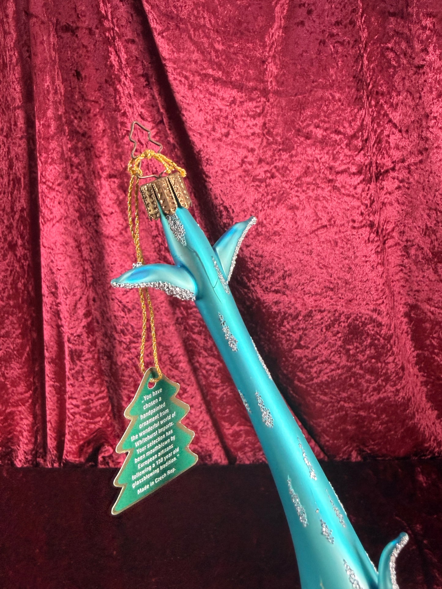 Vintage Christmas - Handblown Glass Ornament - Blue Dolphin with Silver Glitter - Whitehurst Imports