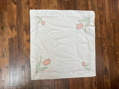 Vintage Linens - Square Tablecloth and Napkin Set - Embroidered Red Tulips