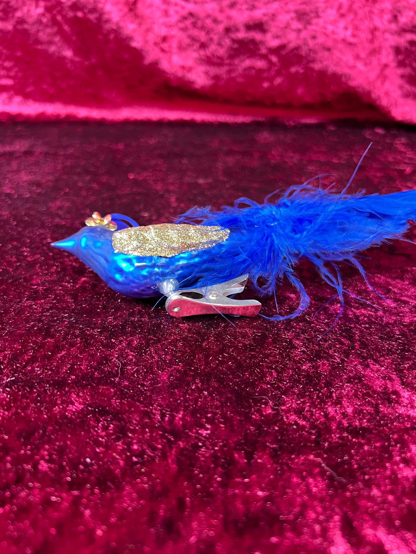 Vintage Christmas - Glass Clip-On Ornament - Royal Blue Peacock with Feather Tail