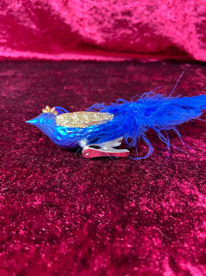 Vintage Christmas - Glass Clip-On Ornament - Royal Blue Peacock with Feather Tail