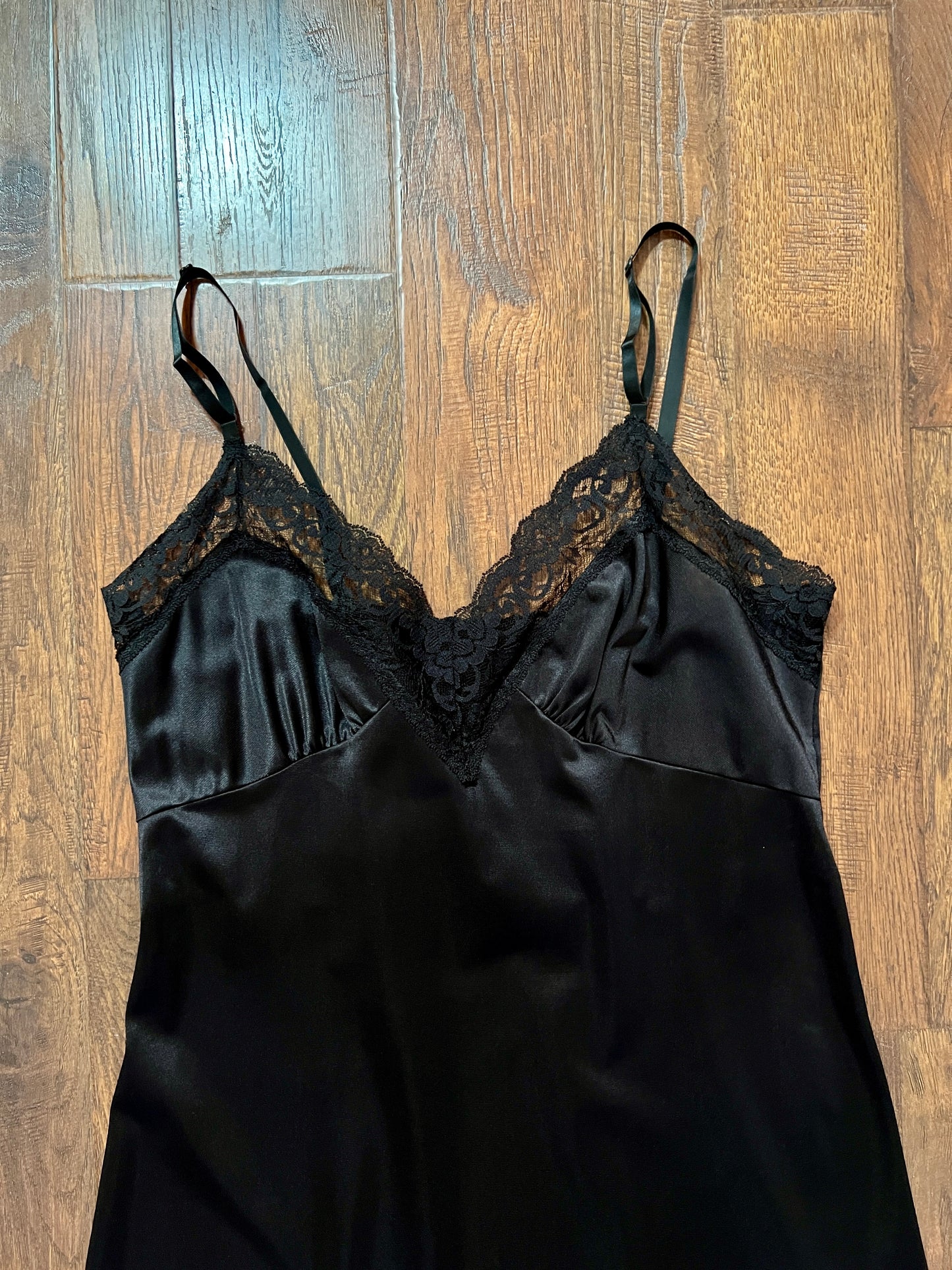 Vintage Nylon Spaghetti Strap Slip Dress - Black Lace Trim Nightgown