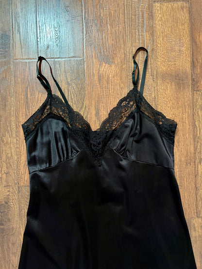 Vintage Nylon Spaghetti Strap Slip Dress - Black Lace Trim Nightgown