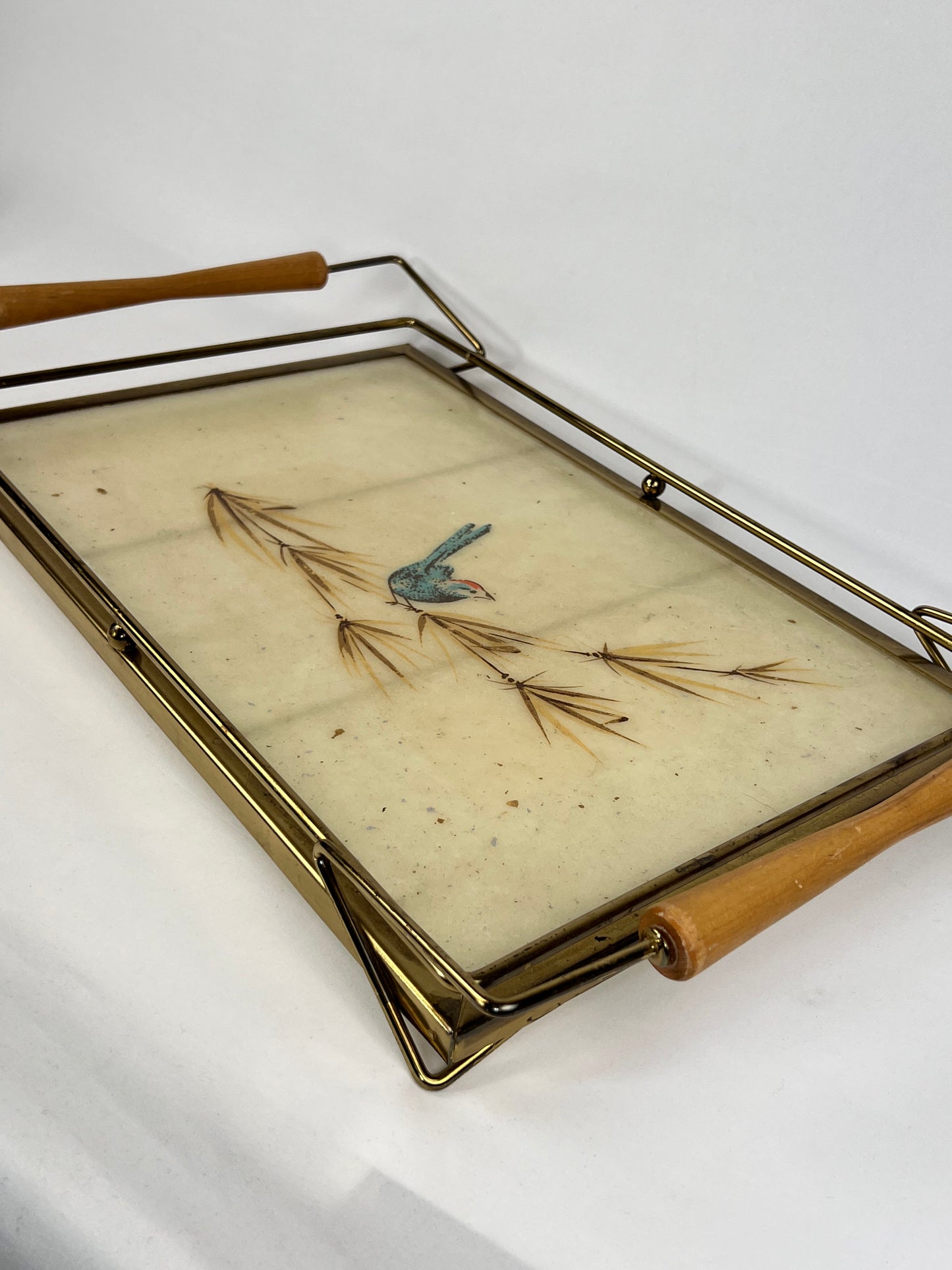 Mid Century Brass & Wood Bluebird Acrylic Serving Tray