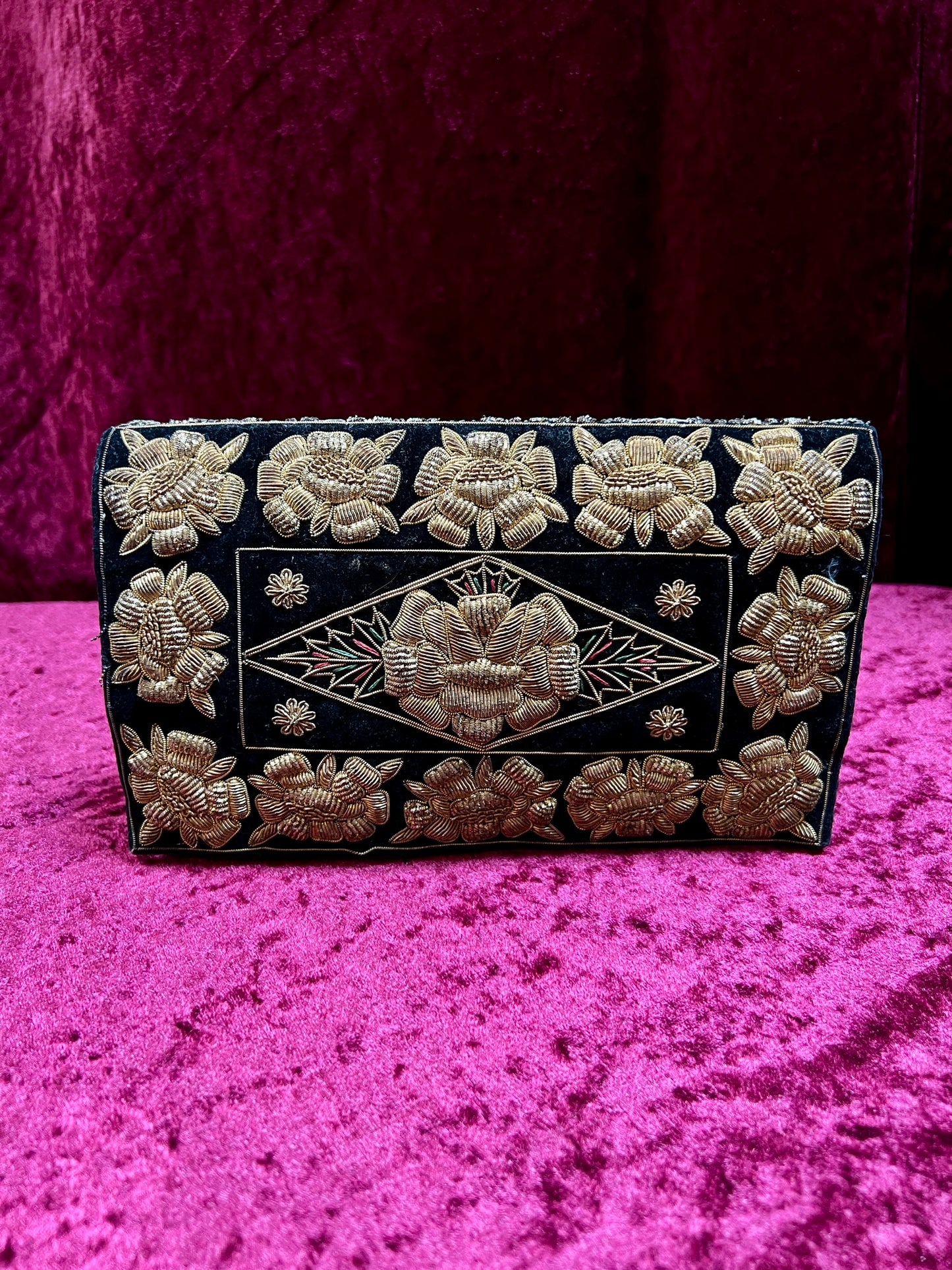 Vintage Double Sided Velvet Evening Clutch – Embroidered Peacock - Zardozi