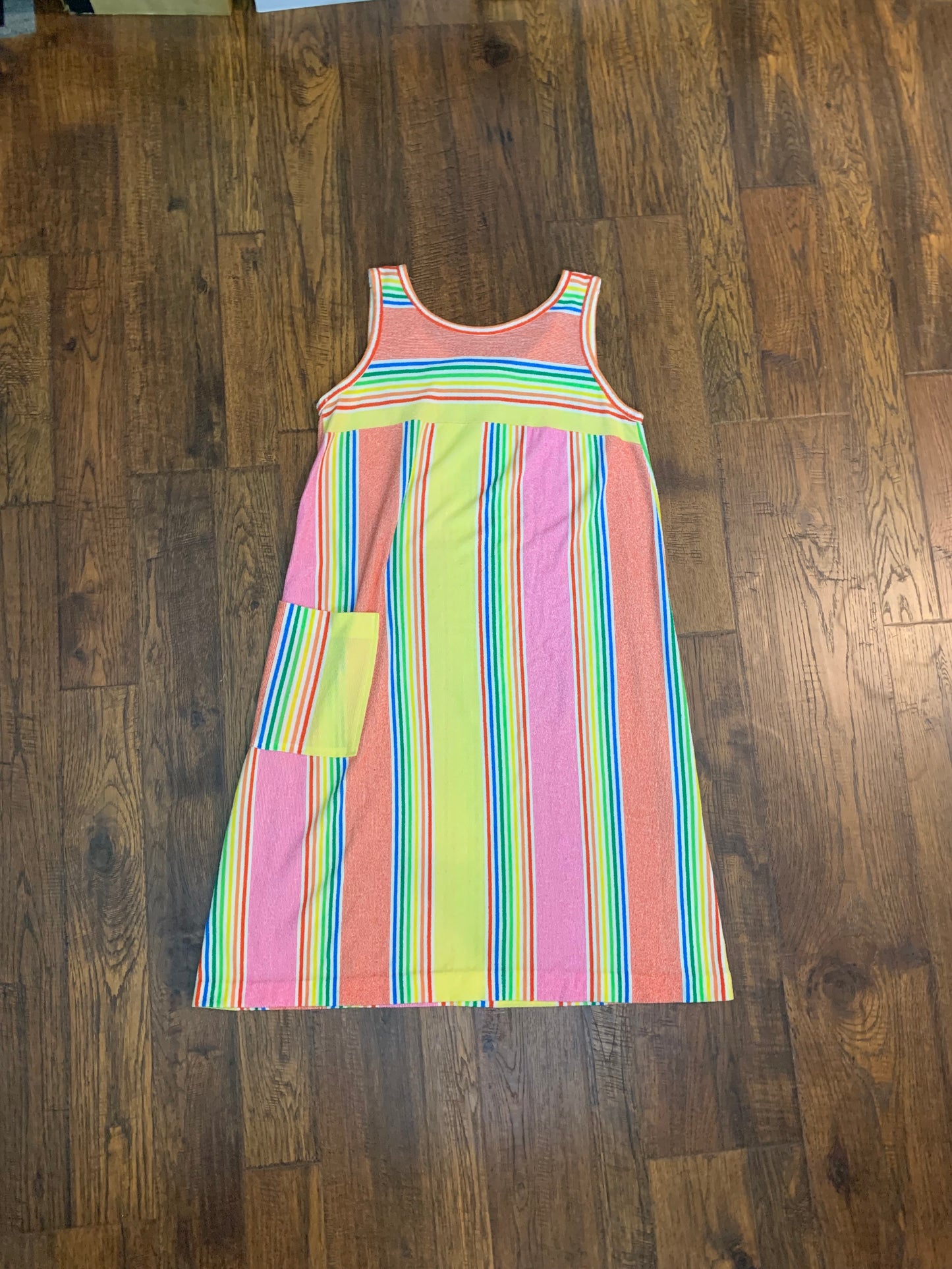 Vintage 1990s Terrycloth Beach Cover Up Dress - Rainbow Pinstripe - Small