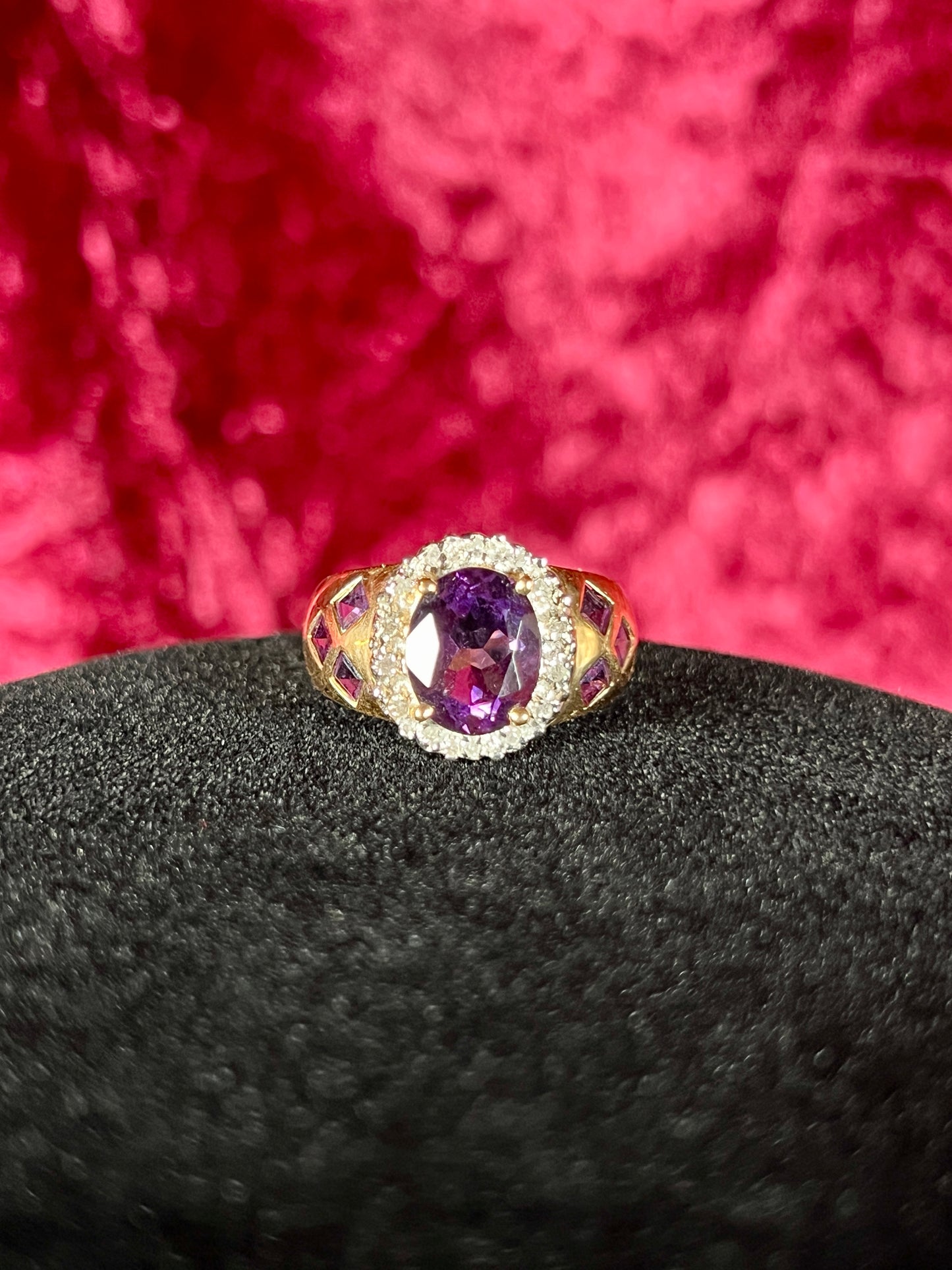 Vintage 14K Yellow Gold Ring – Faceted Amethyst in Cubic Zirconia Halo Setting - ESX - Size 7