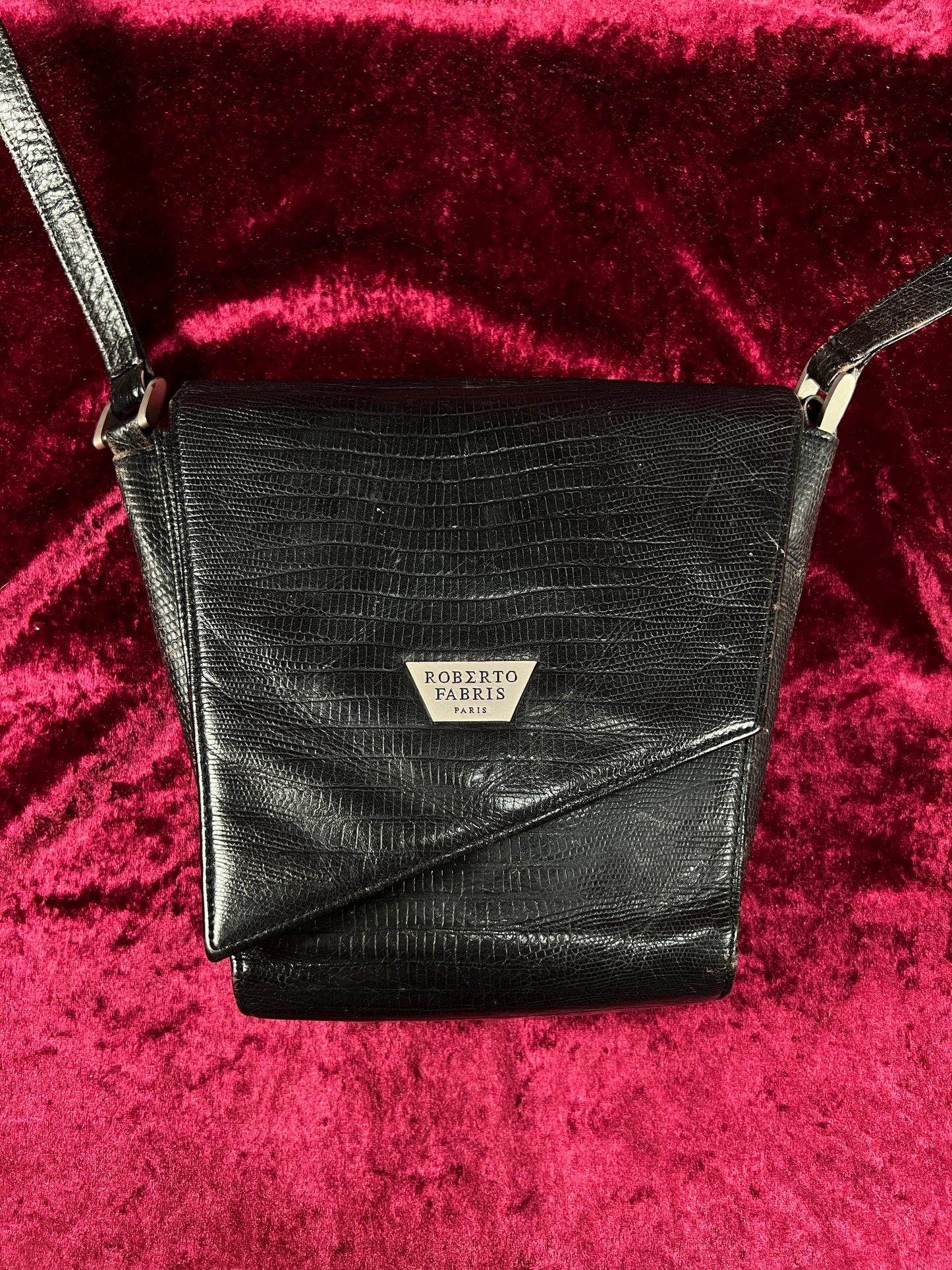 Vintage Roberto Fabris Leather Crossbody Bag - Black Lizard Embossed Purse