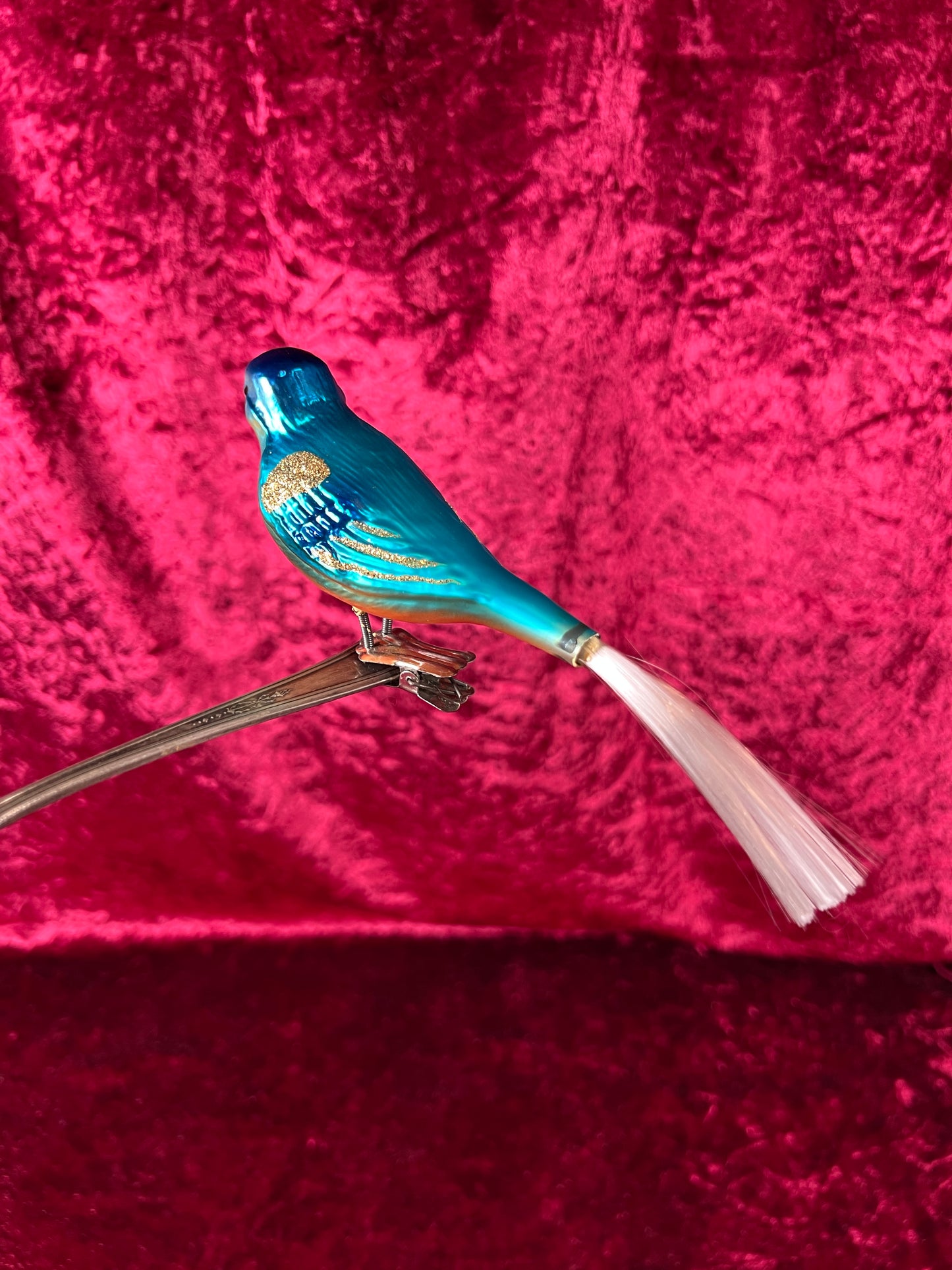 Vintage Christmas - Glass Clip-On Ornament - Blue Bird with Nylon Hair Tail