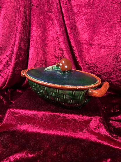 Vintage Ceramic Covered Casserole Dish - Majolica Mushroom Lid Basketweave Belgium Tellurite