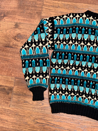 Vintage Crewneck Knit Sweater - Turquoise, Black, Cream -Medium