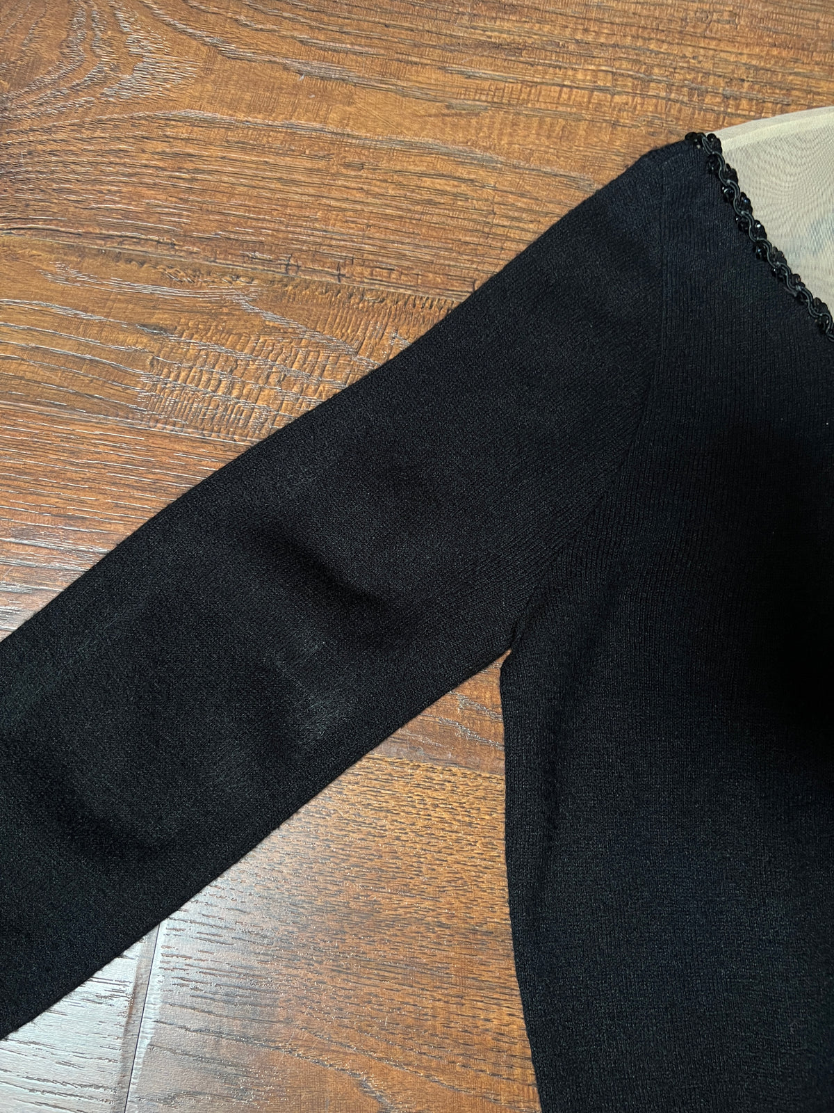 Vintage 1960s Knit Cardigan - Black Sheer Illusion Sequin Yoke with Metal Buttons - Size Medium