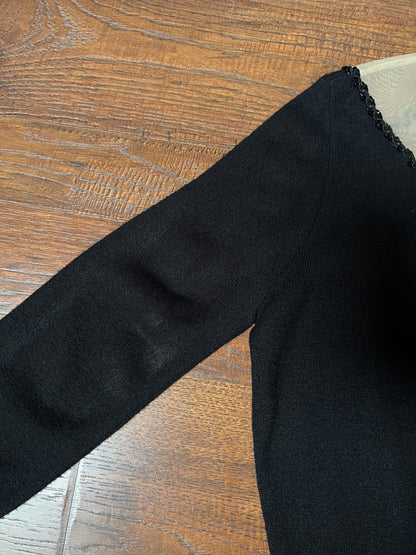 Vintage 1960s Knit Cardigan - Black Sheer Illusion Sequin Yoke with Metal Buttons - Size Medium