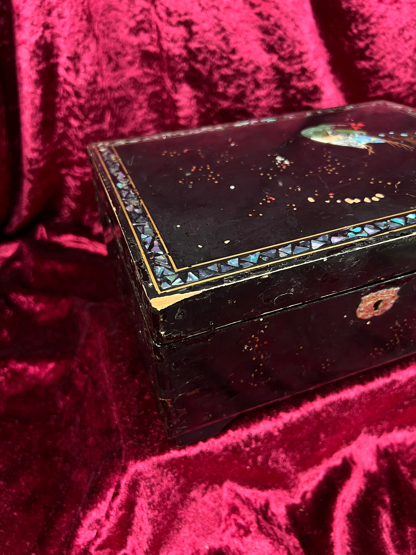 Vintage Black Lacquer Jewelry Box - Mother of Pearl Painted Peacock Vanity Chest