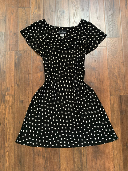 Vintage Clothing - Fit and Flare Midi Dress - Black with White Polka Dots - S.L. Fashions -  Medium