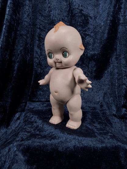 Vintage Bisque Ceramic Kewpie Doll – Posable Figure with Pink Lace Dress