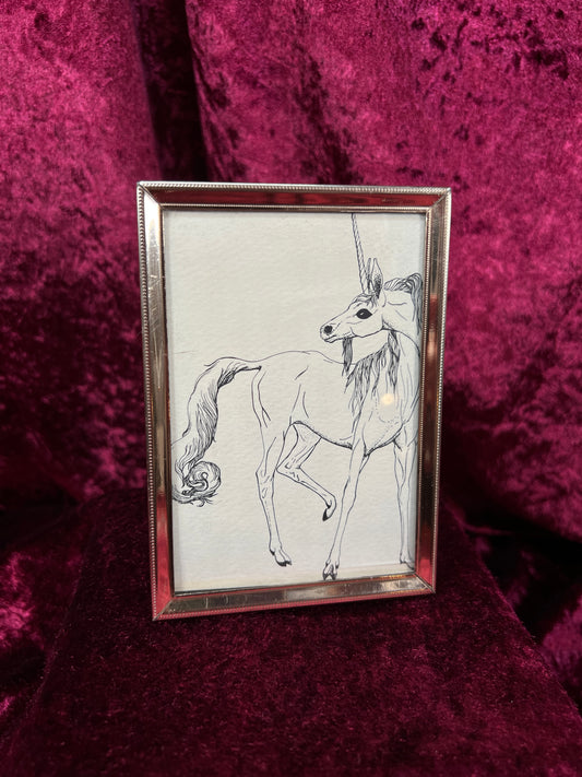 Vintage Gold Tone Picture Frame - Unicorn Line Art Fantasy Illustration