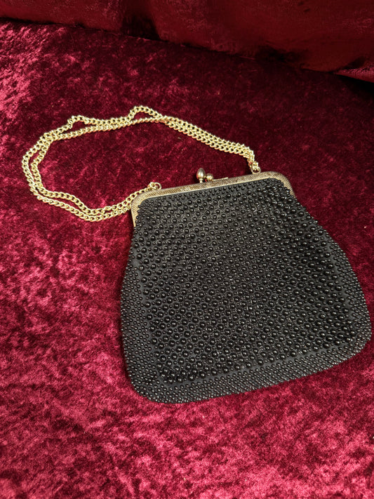 Vintage Accessories - 1950s Gems by George Black Beaded Evening Purse - Kiss Lock Closure w/ Gold Chain Strap