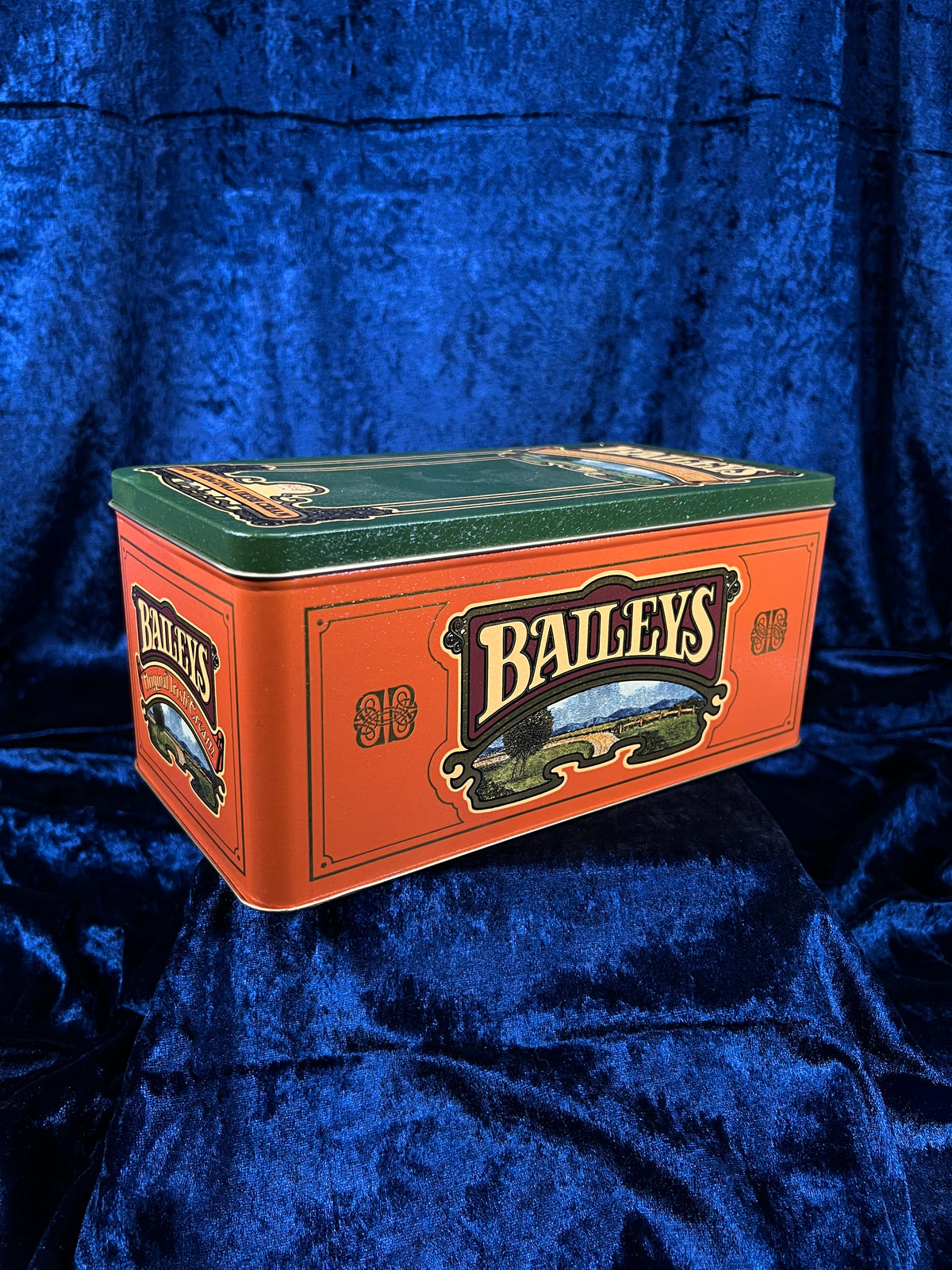 Vintage Baileys Irish Cream Metal Tin - Green Orange Hinged Advertising Box