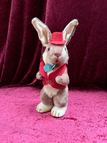 Vintage 1950s Gund Plush Rabbit Music Box – “Rock-a-Bye Baby” + Felt Outfit