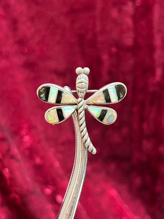 Vintage Jewelry - Brooch / Pendant - Silver Tone Metal with Inlay - Dragonfly