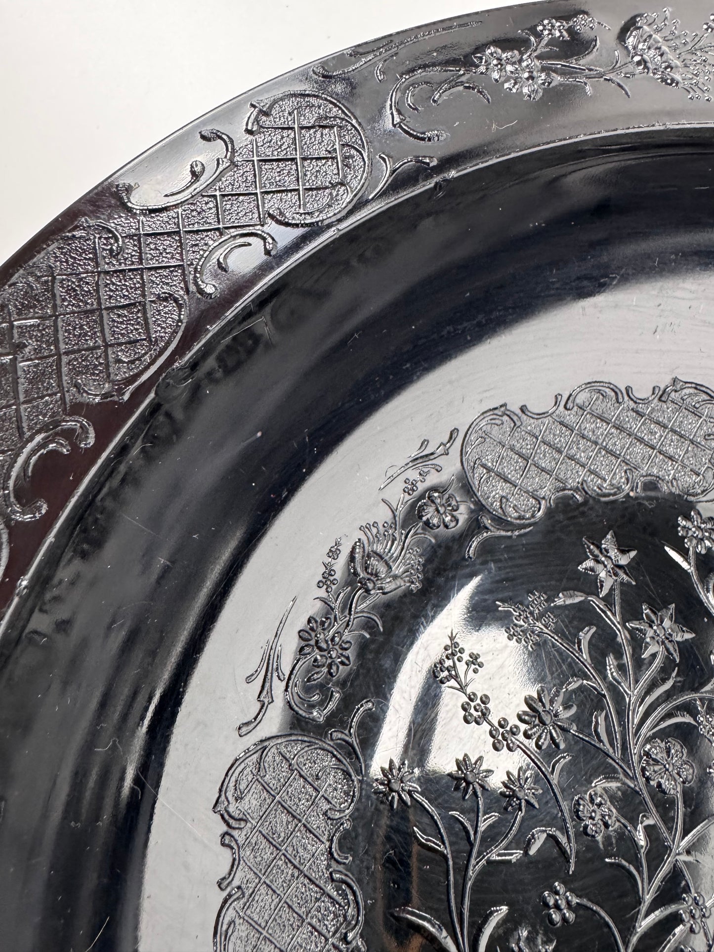 Vintage Footed Black Pressed Glass Bowl - Floral Trellis Decorative Pattern