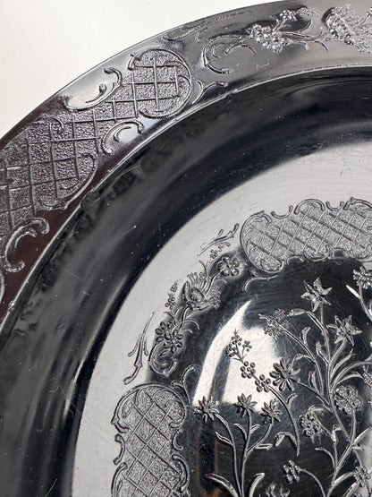Vintage Footed Black Pressed Glass Bowl - Floral Trellis Decorative Pattern