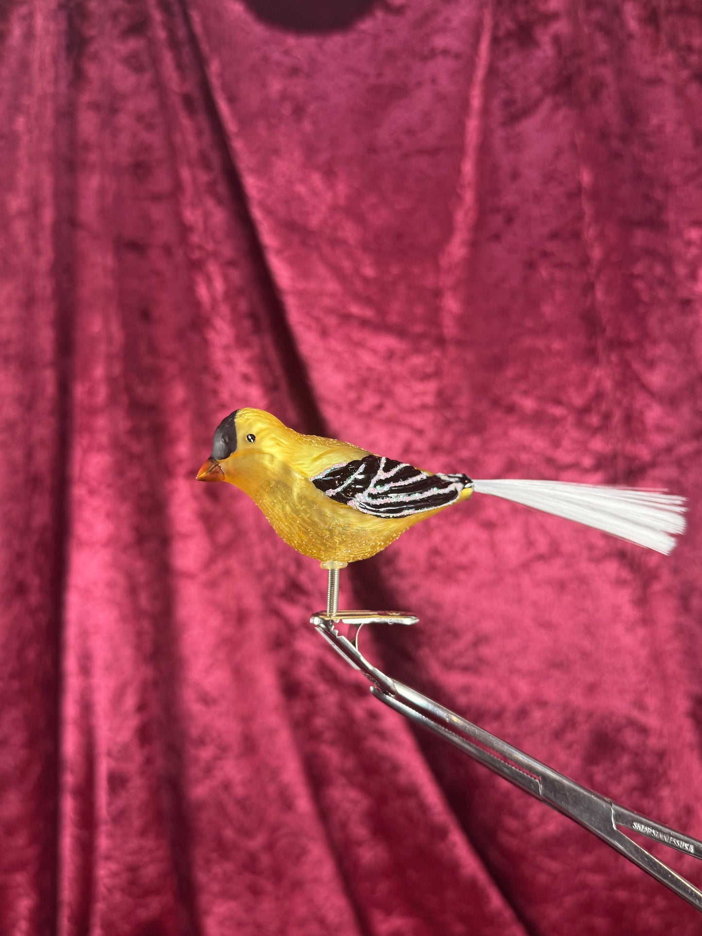 Vintage Christmas - Handblown Glass Clip On Ornament - Yellow Chickadee with Nylon Hair Tail