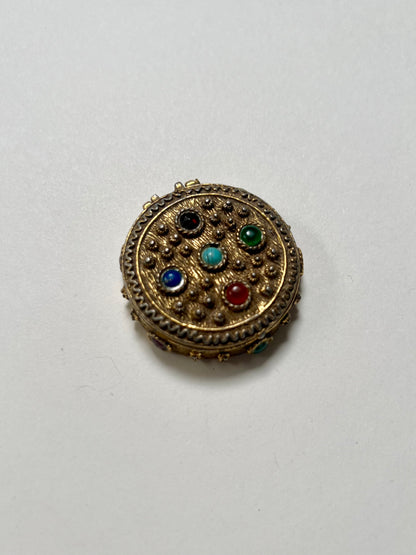 Vintage Trinket Box - Brass Pill Box - Round - Multicolor Gem Stones