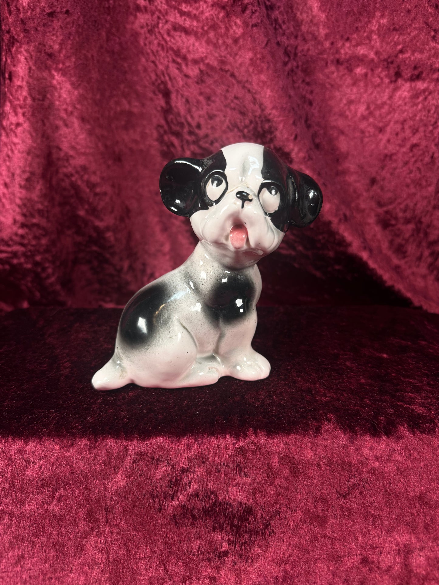 Vintage 1950s Ceramic Dog Figurine – Black & White Puppy with Big Eyes