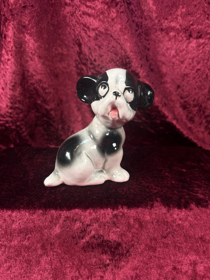 Vintage 1950s Ceramic Dog Figurine – Black & White Puppy with Big Eyes