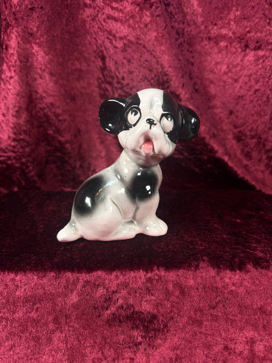 Vintage 1950s Ceramic Dog Figurine – Black & White Puppy with Big Eyes