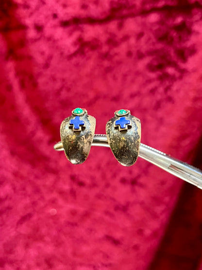Vintage Jewelry - Half Hoop Earrings - Sterling Silver - Inlaid Stones - Signed SE